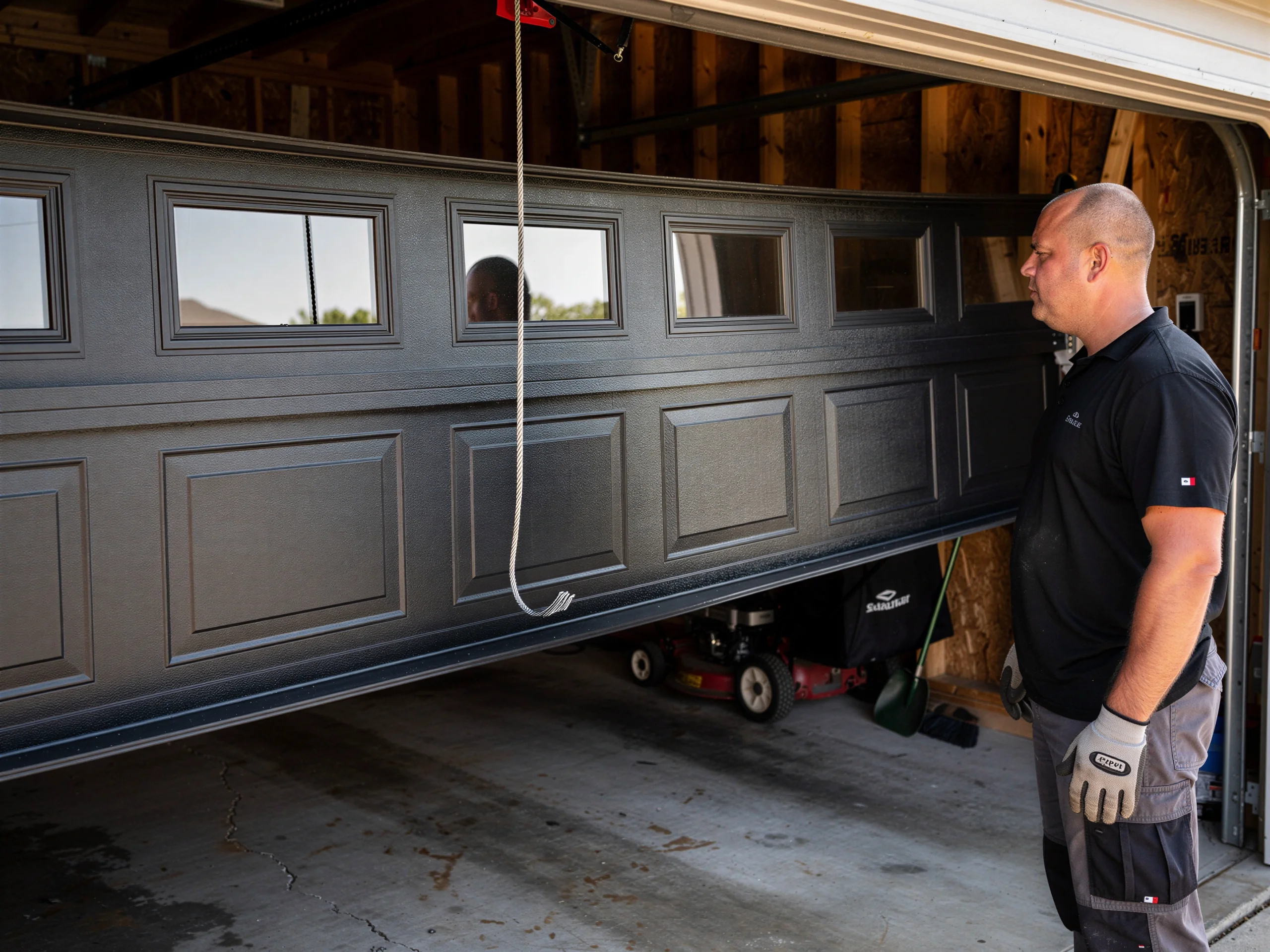 A technician stands next to a black garage door with windows.