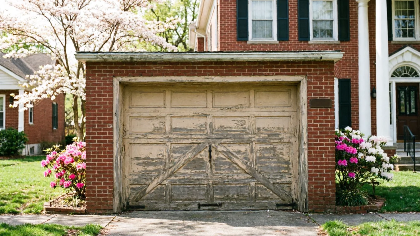 The old garage door has peeling paint and is surrounded by brick and flowering bushes.