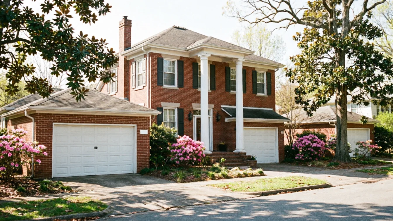 A large brick house has two white garage doors and a front porch with white columns.